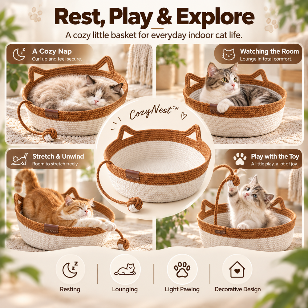 CozyNest™ Handwoven Rattan Cat Basket