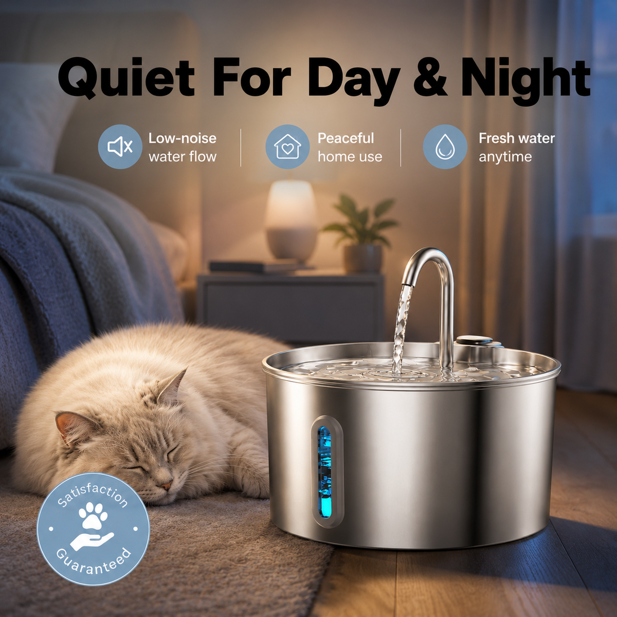 A stainless steel pet water fountain with running water, shown beside a sleeping cat in a cozy bedroom setting. Text at the top reads 'Quiet For Day & Night' with icons for low-noise water flow, peaceful home use, and fresh water anytime.