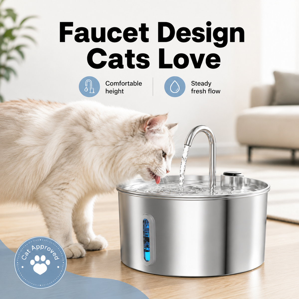 A fluffy cream-colored cat stands beside a stainless steel pet water fountain with running water, in a bright living room. Large text at the top reads 'Faucet Design Cats Love,' with feature icons for comfort height and steady fresh flow.