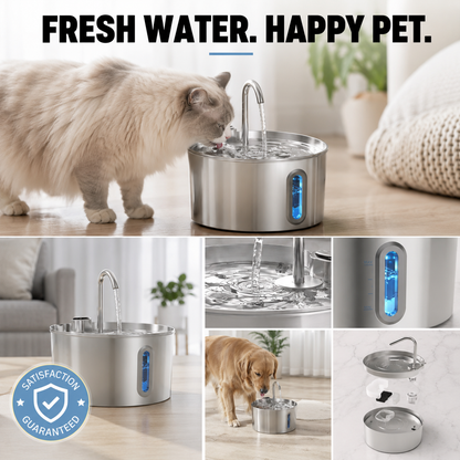 Collage showing a stainless steel pet water fountain with a cat and a dog drinking from it, plus close-up detail shots of the water level window and removable bowl parts. Text at the top reads 'FRESH WATER.