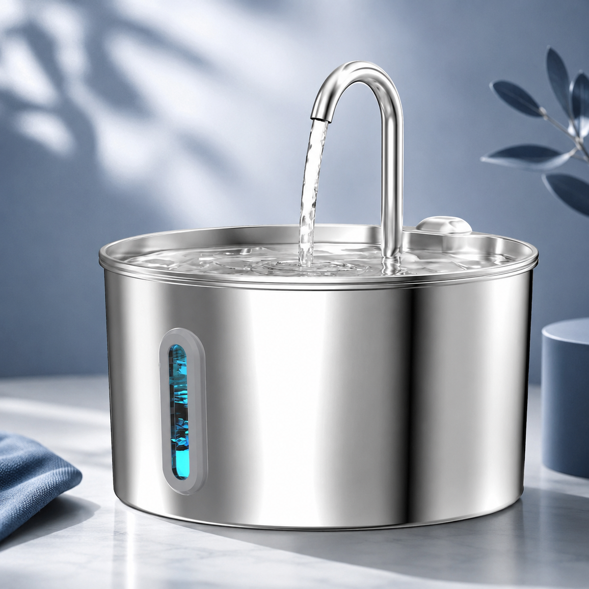 A stainless steel water fountain with a curved faucet and flowing water, shown on a light surface against a soft blue background with decorative shadows and a plant.