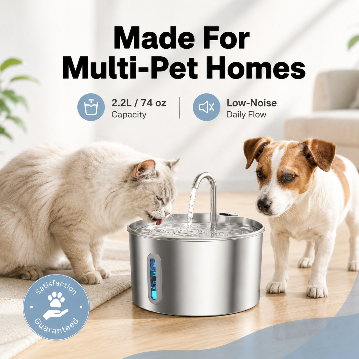 A stainless steel pet water fountain with a curved faucet, shown on a wooden floor in a bright indoor setting. A white cat is drinking water from the left side, and a small white-and-brown dog is standing on the right.