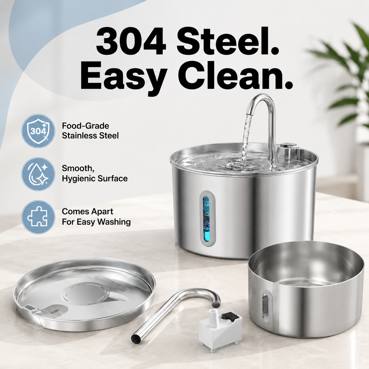 A stainless steel portable water filter pitcher set on a light countertop, with the main cylindrical pitcher, faucet spout, lid, and small accessory piece shown. Large text reads '304 Steel.