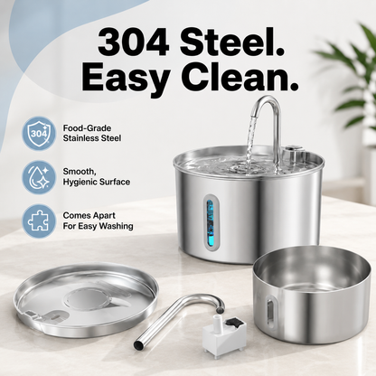 A stainless steel portable water filter pitcher set on a light countertop, with the main cylindrical pitcher, faucet spout, lid, and small accessory piece shown. Large text reads '304 Steel.