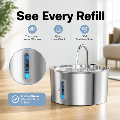 A stainless steel water fountain with a curved faucet and a transparent refill window showing blue liquid inside, set on a wooden floor in a bright living room. Large text reads 'See Every Refill' with feature icons for transparent water window, quick level check, and 304 stainless steel.